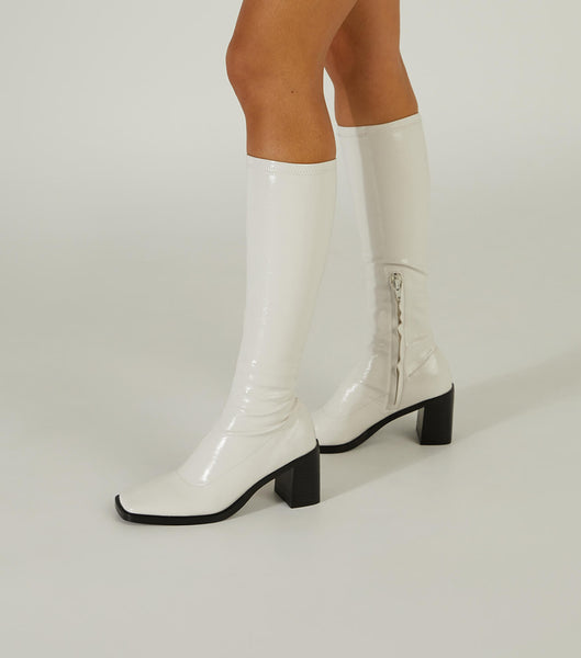 Tony Bianco Damon Ecru Crinkle Patent 7.5cm Mid Calf Boots White | DIEVO20957