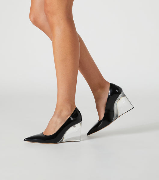 Tony Bianco Dolly Black Hi Shine/Clear 9.5cm Wedges Black | LIESX73797