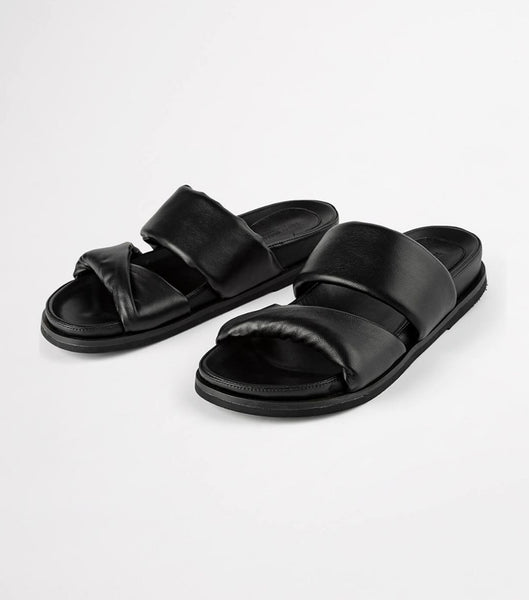 Tony Bianco Henry Black Nappa 3.5cm Flat Sandals Black | DIEKV44725