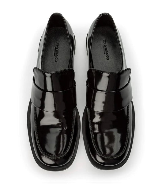 Tony Bianco Rovin Black Hi Shine 2.5cm Loafers Black | BIESO28334